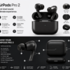 Black AirPods Pro 2 wireless earbuds with charging case featuring noise cancellation, Bluetooth 5.3, touch controls, and premium audio design.