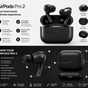 Black AirPods Pro 2 wireless earbuds with charging case featuring noise cancellation, Bluetooth 5.3, touch controls, and premium audio design.
