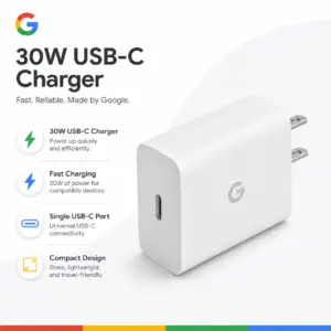 30W USB-C fast charger in white with single USB-C port and compact travel-friendly design