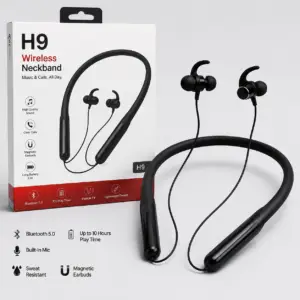 H9 Wireless Neckband Bluetooth 5.0 earphones with magnetic earbuds, built-in microphone, and up to 10 hours of playtime.