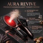 Black LED hair and scalp massage brush with red light therapy bristles and nano mist function, shown from front and back views on a clean white background.